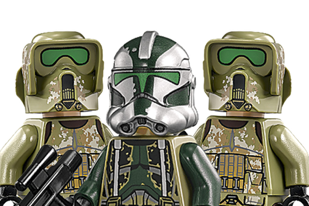 LEGO Army - Image of the LEGO Commander Gree Minifigure alongside two Troopers