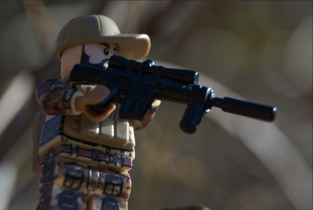 Custom LEGO Headgear - Image of Soldier in BrickArms PCV and Sniper Rifle